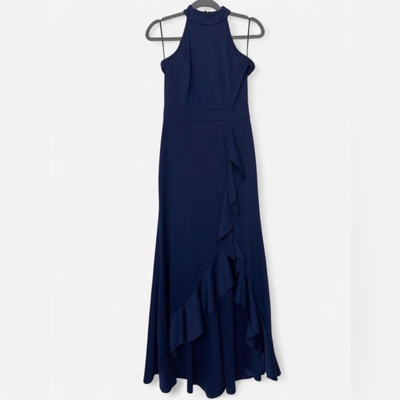 Navy Blue Sleeveless High Neck Ruffled Evening Gown - Picture 2 of 7